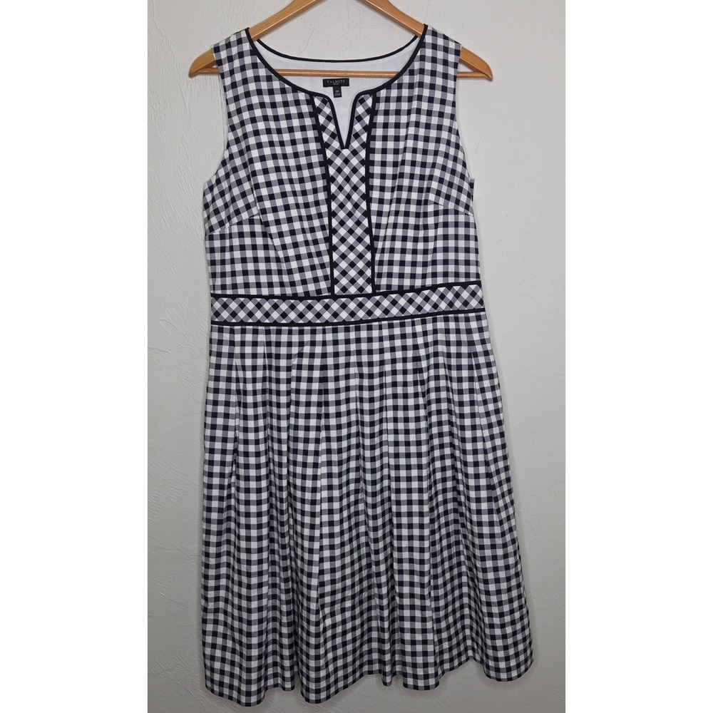 Talbots Women 12P Fit & Flare Petite Gingham Dress Navy Blue White Retro Preppy